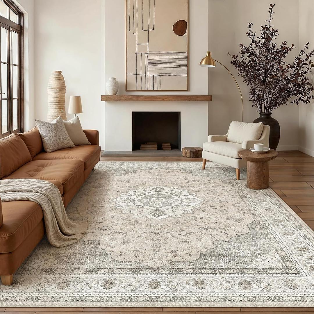8x10 Neutral Washable Vintage Area Rug for Living Room Bedroom Beige Brown Soft Non Slip Large Throw Rug Lightweight Floral Low Pile Distressed Carpet Office Playroom Home Decor