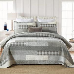 Finlonte King Size Quilt, Cotton King Quilt Bedding Set, Grey(Gray) Patchwork Plaid Bed Quilts King Size, Lightweight Reversible Soft King Size Bedspreads, 3 Pieces
