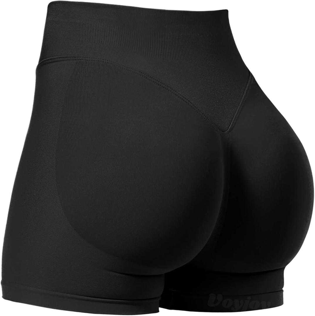 VOYJOY Women Workout Impact Shorts 3.6" Inseam Scrunch Butt Lifting Gym Seamless Booty Biker Shorts (Large, Black)