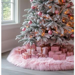 AOGU 30 Inch Faux Fur Christmas Tree Skirt Pink Plush Skirt for Merry Christmas Party Christmas Tree Decoration