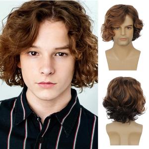 Mens Brown Curly Wig Short Fluffy Natural Side Part Synthetic Hair for Male Costume Daily Party Cosplay Halloween Use(Blonde Brown)