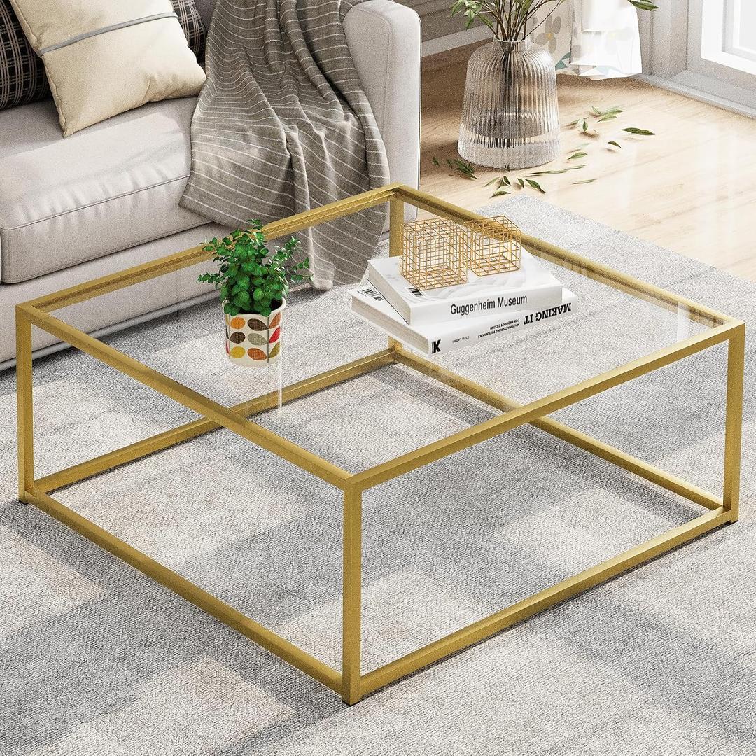 Glass Coffee Table, Small Square Coffee Table for Living Room,Simple Modern Center Tables for Small Spaces, Gold Living Room Tea Tables Easy Assembly,26 * 26inGold & Clear Glass