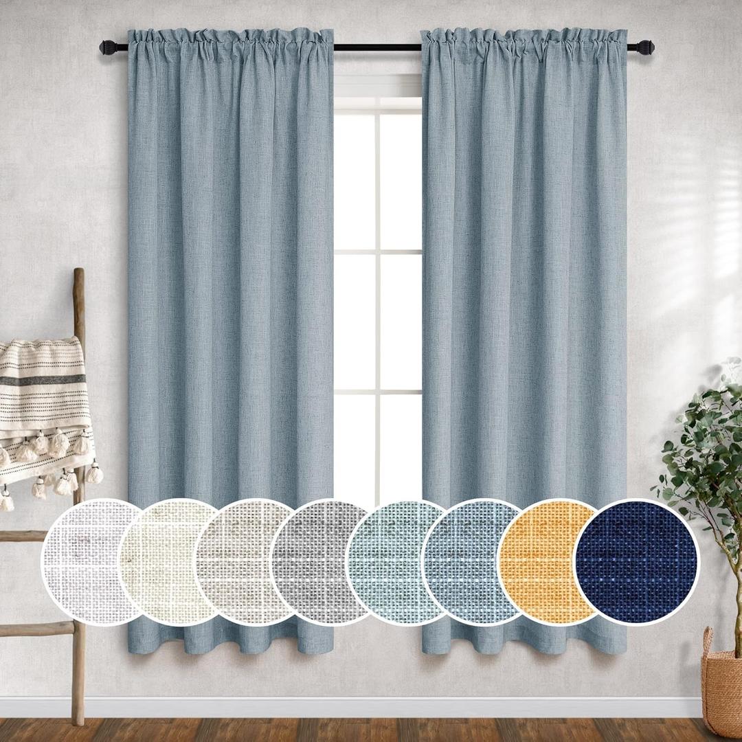 Blue Gray Curtains 63 Inch Length for Boys Bedroom Decor 2 Panels Rod Pocket Semi Sheer Linen Dusty Blue Light Filtering Curtain for Kids Room Teen Toddler Baby Nursery Stone Blue Grey Greyish Grayish