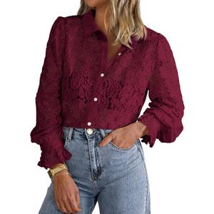BTFBM Long Sleeve Lace Blouses for Women 2025 Spring Dressy Casual Button Down Shirts Date Night Outfit Club Party Tops (Small, Red)