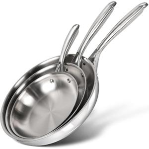 Michelangelo Tri-Ply Stainless Steel Frying Pan Set, 8" 9.5" 11" Skillets, Full Clad Stainless Steel Pans for Even Heating, Durable Cooking Pan Set for Home Chefs & Everyday Cooking