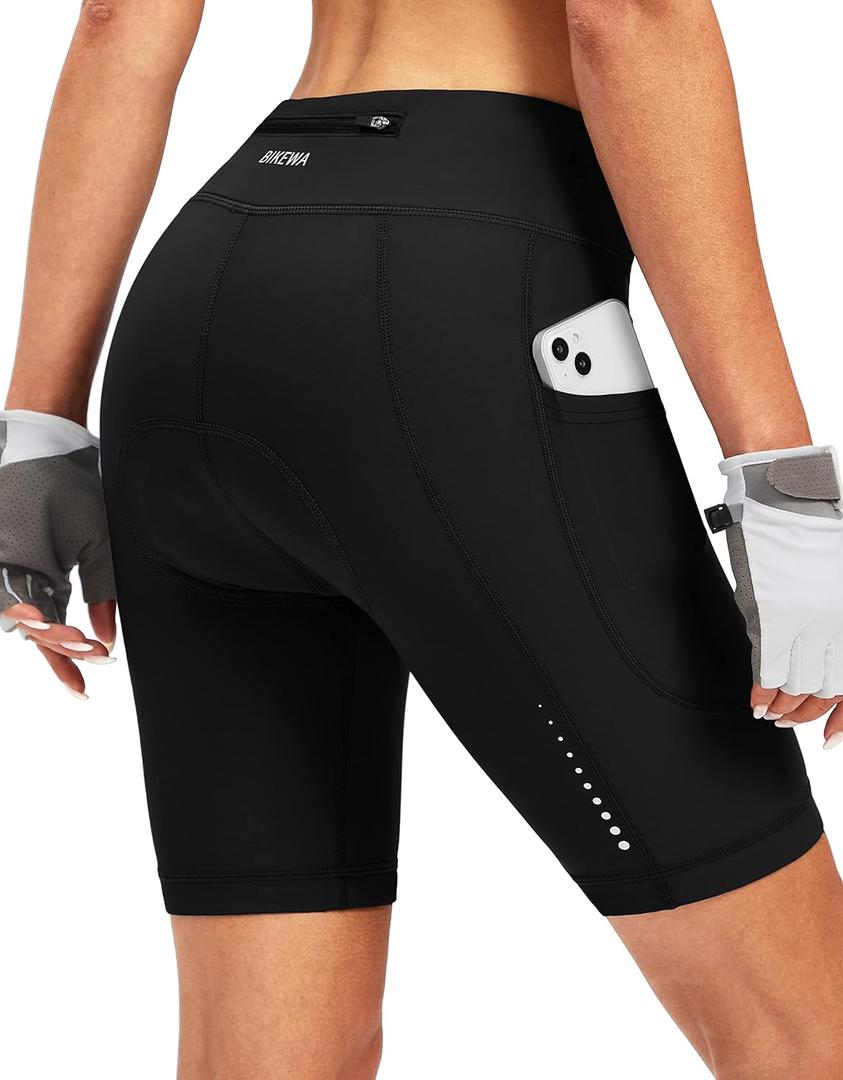 Bikewa Women's 4D Padded Bike Shorts Cycling Riding Road Biking Bicycle Cycle Shorts for Women Zipper Pockets (Large, Black)