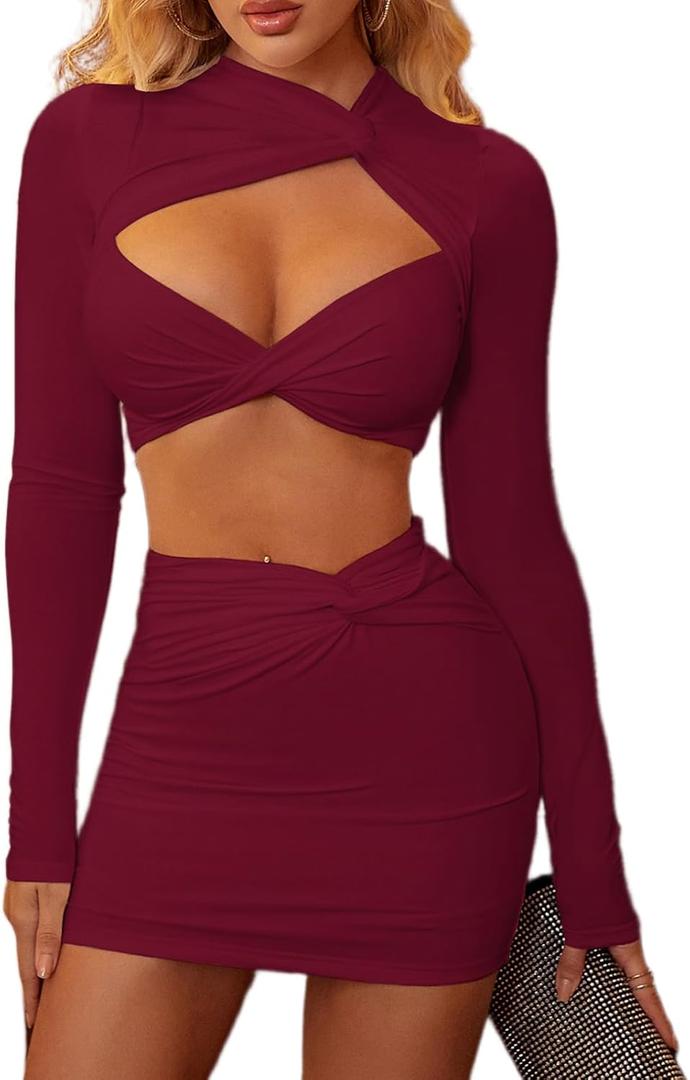XinFSh Women's Sexy Two Piece Skirt Set Long Sleeve Crop Top Cut Out Twist Front Bodycon Mini Dress Party Club Outfits (Large, Red)