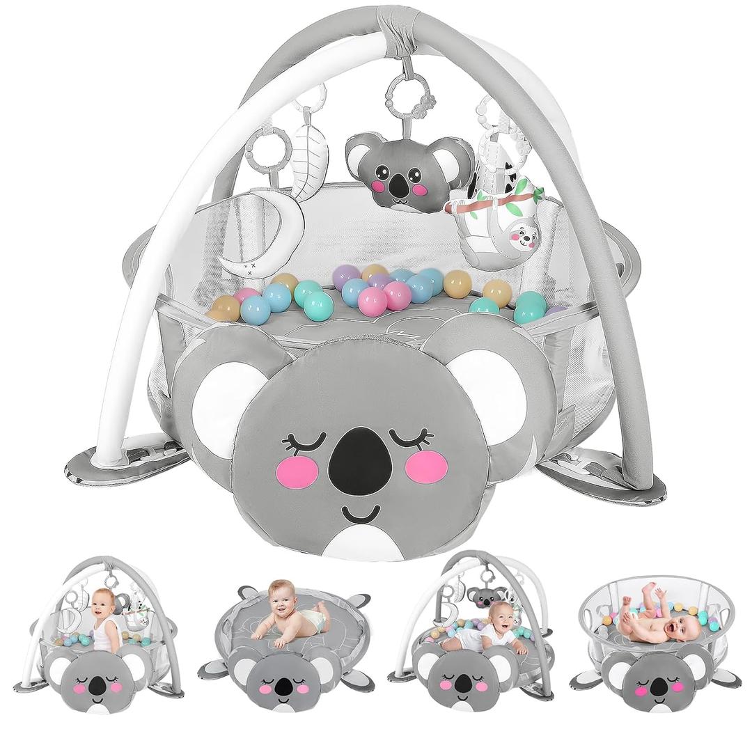 dearlomum 4-in-1 Baby Play Mat Baby Gym, Interactive Activity Mat for Floor Exercise Including 30 Balls with 5 Learning Toys for Newborn Toddler(Koala)