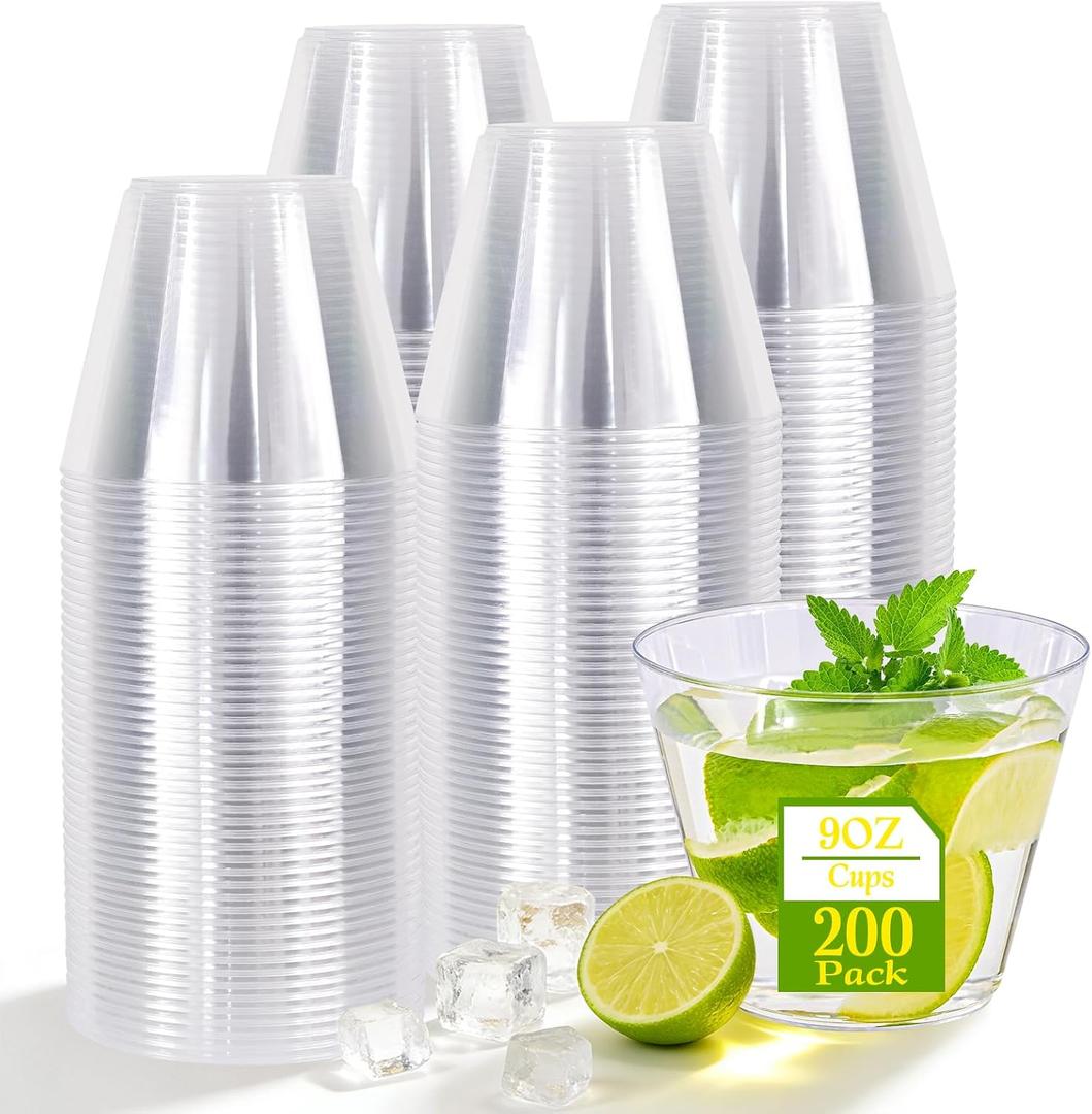 Showgeous 200 Pack 9 oz Clear Plastic Cups Plastic Wine Glasses