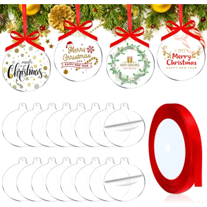 Blulu 42 Pcs Acrylic Ornament Blanks Clear Round Ornaments Flat Christmas Bauble Hanging Ornament with Hole Ribbon Acrylic Circle Discs for DIY Crafts Xmas Tree Decoration(5 Inches)