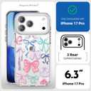 pcgaga Aesthetic Phone Case for iPhone 17 Pro 6.3" with Embossed Patterned Hard Clear Back Cover,Slim TPU Bumper,Camera Frame -360°Shockproof Full Protection, Colorful Bow