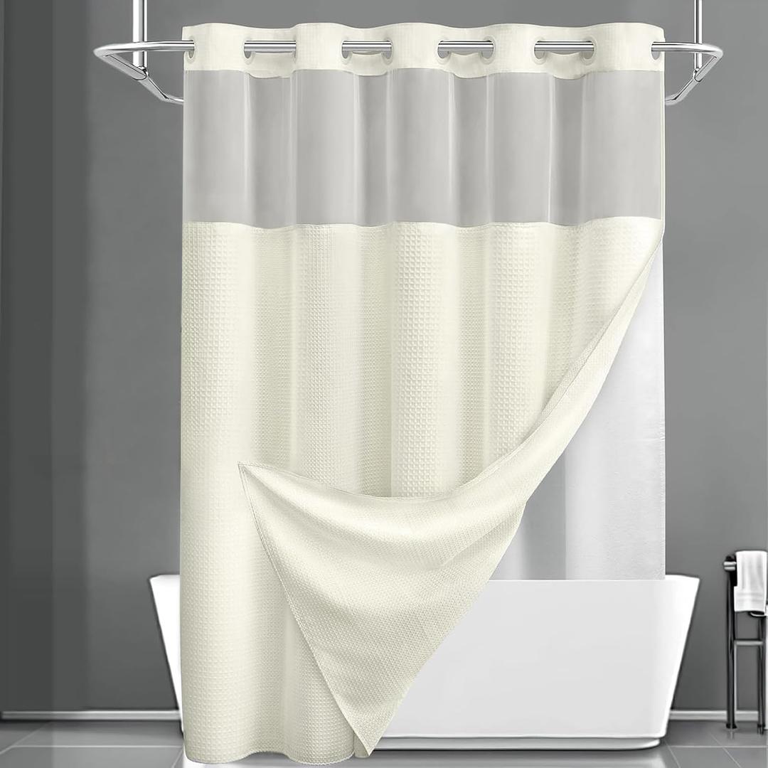 YellyHommy No Hook Shower Curtain with Snap in Liner Set Less Waffle Shower Curtain for Bathroom (Cream, 87" L x 72" W)