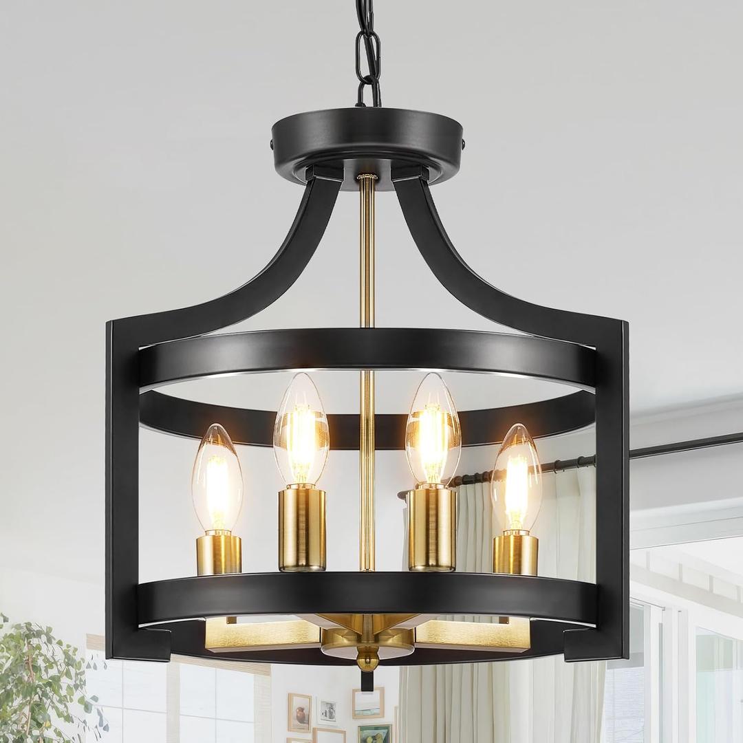 HOXIYA Farmhouse Chandelier, Adjustable Height Pendant Light Fixture, Convertible Semi Flush Mount Ceiling Light, 4 Light Modern Black and Gold Chandeliers for Dining Room Kitchen Foyer Entryway