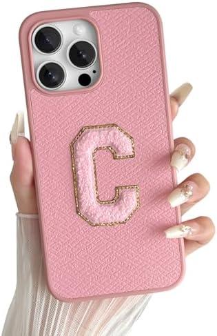 Skyseaco for iPhone 15 Pro Max Case Aesthetic Monogram Phone Case with Pink Leather Embroidered Letters Shockproof Protective Cover for Women Girls, Initial C Pack of 2