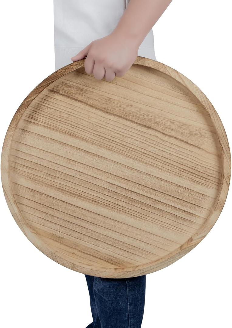 Round Ottoman Tray for Coffee Table Living Room Wood Serving Tray Large Wooden 20 Inches Rustic Torched
