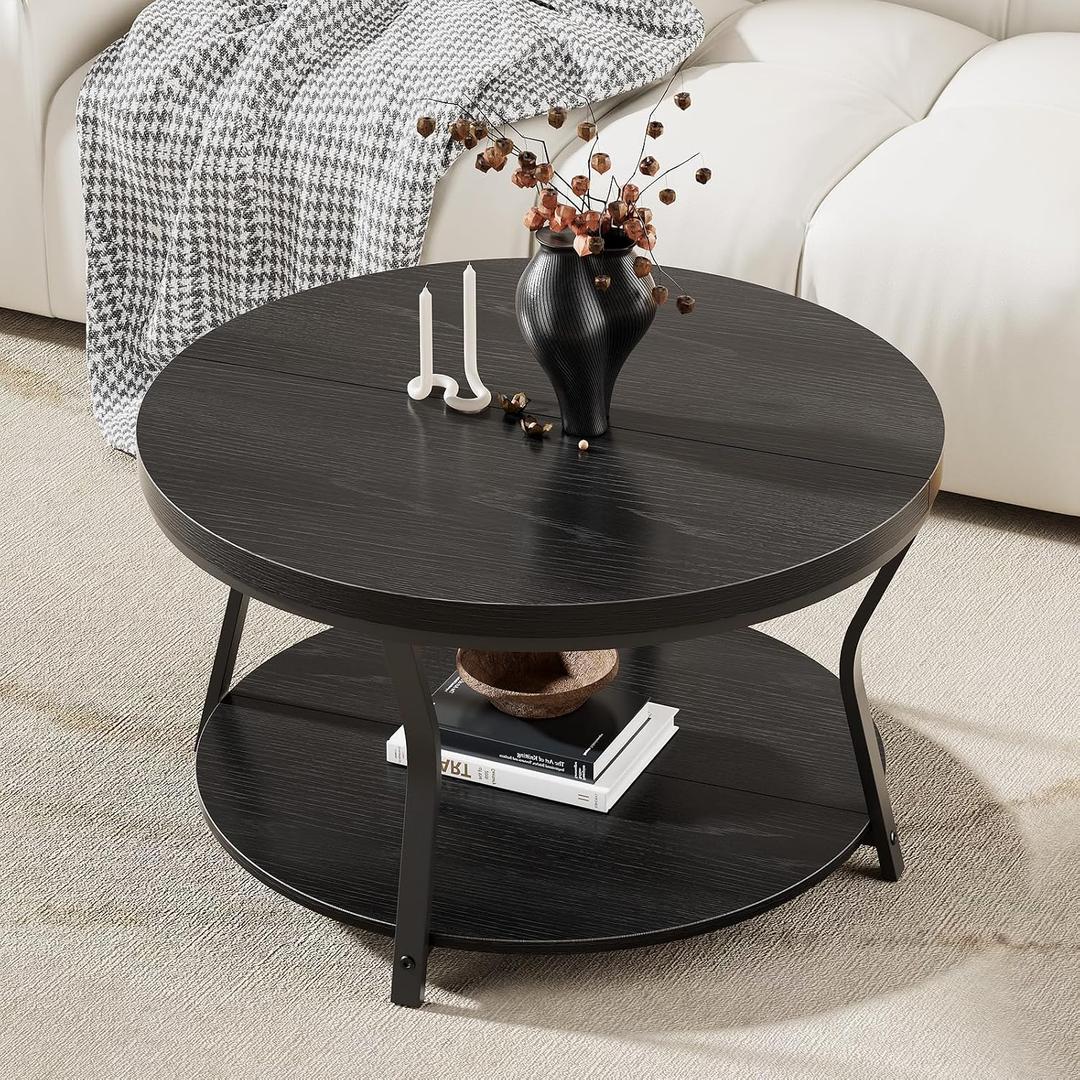 Round Coffee Table, Circle Wood Coffee Tables for Living Room, 2 Tier Industrial Modern Center Table with Thickened Tabletop and Metal Frame, 31.5 inch (Black), Large