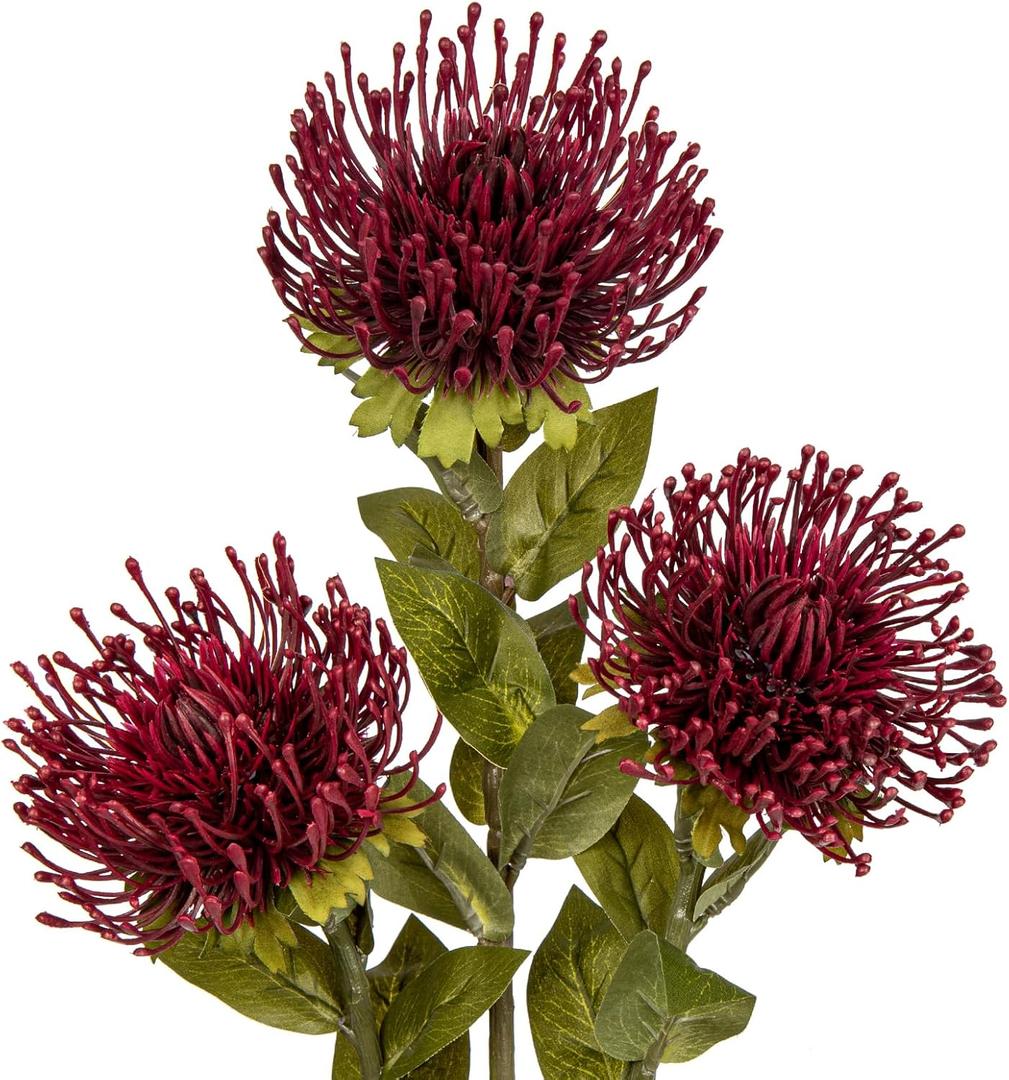 Hollyone 3Pcs Red Artificial Mum Flowers Spring Spider Mum Arrangement, Faux Pincushion Flowers, 28'' Long Stem Fake Chrysanthemum for Office, Home Decor