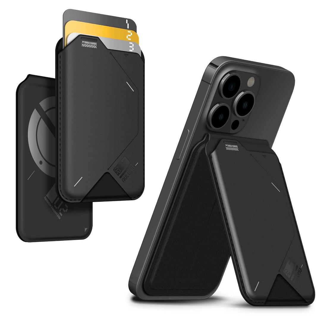 Aulumu G02 V2 Magnetic Wallet &Stand, Compatible with MagSafe, Adjustable Stand, Open ID Window, Magnetic Phone Wallet Stick on for iPhone 16/15/14/13/12 Series Black