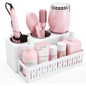 Hair Tool Organizer, Detachable Hair Dryer Holder with 3 Stainless Steel Cups, Wall Mounted Bathroom Organizers and Storage for Accessories, Curling Irons, Straighteners, Toiletries, Makeup