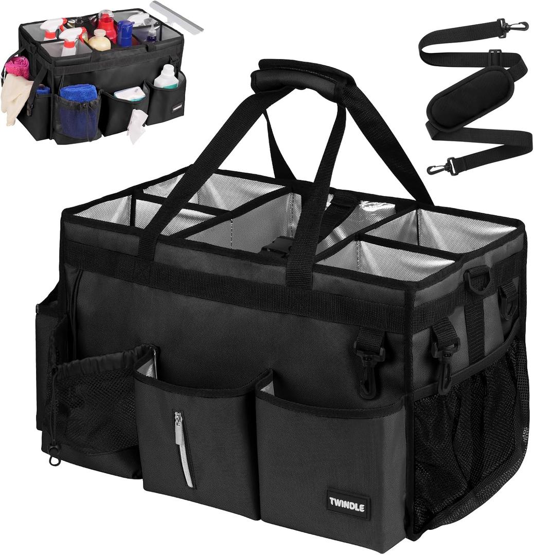 Extra Large Cleaning Caddy Bag with Built-In Support Board, Cleaning Tote Organizer with Removable Divider, Supply Carryall with Adjustable Shoulder Strap and Waist Belt for Cleaners & Housekeepers