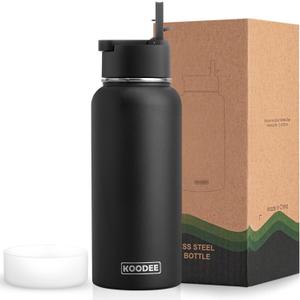 Koodee 32 oz Water Bottle with Wide Handle Straw Lid, Vacuum Insulated 18/8 Stainless Steel Wide Mouth Flask (Black)