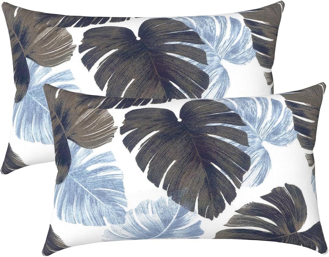 LVTXIII Set of 2 Patio Lumbar Pillows, 12x20 Fade Resistant Outdoor Lumbar Pillow with Inners, Fluffy Decorative Garden Lumbar Cushions for Home Patio Coach Sofa Use, Monstera Blue