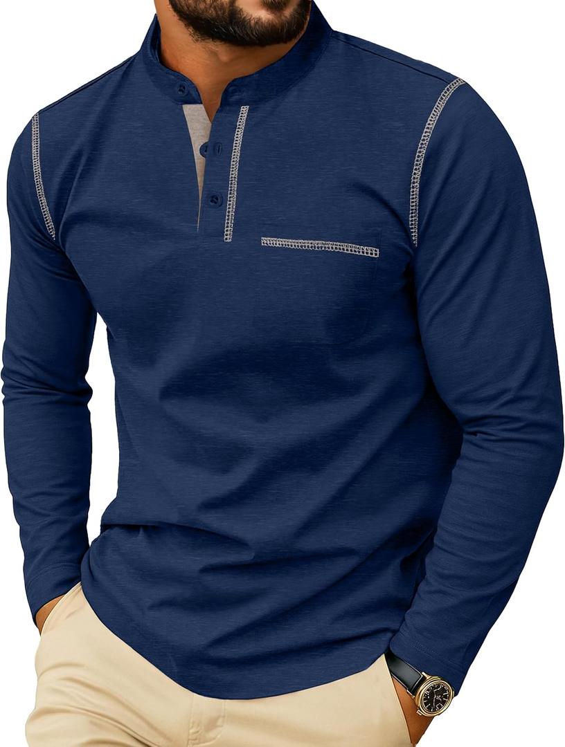 Sailwind Men's Henley Shirts Long Sleeve Button T-Shirt Casual Stylish Cotton Pullover Shirt with Pocket (Medium, Dark Blue)