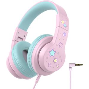 iClever Kids Headphones for School/Travel with Safe Volume 85dBA, HS19S Stereo Sound Over-Ear Girls Boys Headphones for Kids, Foldable 3.5mm Wired Headphone for iPad/Computer (A Pink Star)