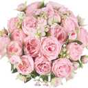 Mkono Peonies Artificial Flowers, Small Silk Flowers for Home Decor Indoor Fake Bouquet Faux Floral Arrangements Dining Table Centerpieces for Kitchen Bridal Wedding Party Decor Pink