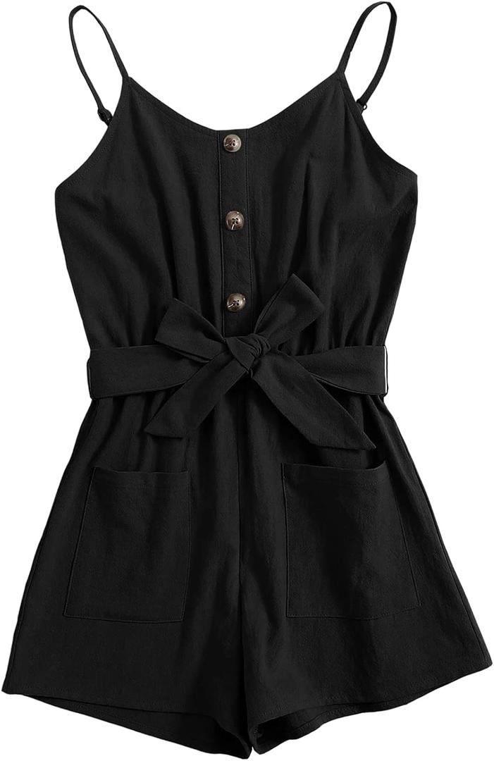 GAMISOTE Girls Romper Strappy Sleeveless Button Tie Front Jumpsuit With Pockets (5-6 Years, Black)