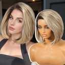 KOME Ash Blonde Synthetic Lace Front Wig,Side Part Short Straight Glueless Bob Wig for White Women Daily Use 12IN (#TT891A)