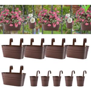 Metal Iron Flower Pots for Railing Fence Hanging Bucket Pots(5 Pcs) and Hanging Flower Pots Metal Iron Bucket Planter(10 Pcs) (Bronze)