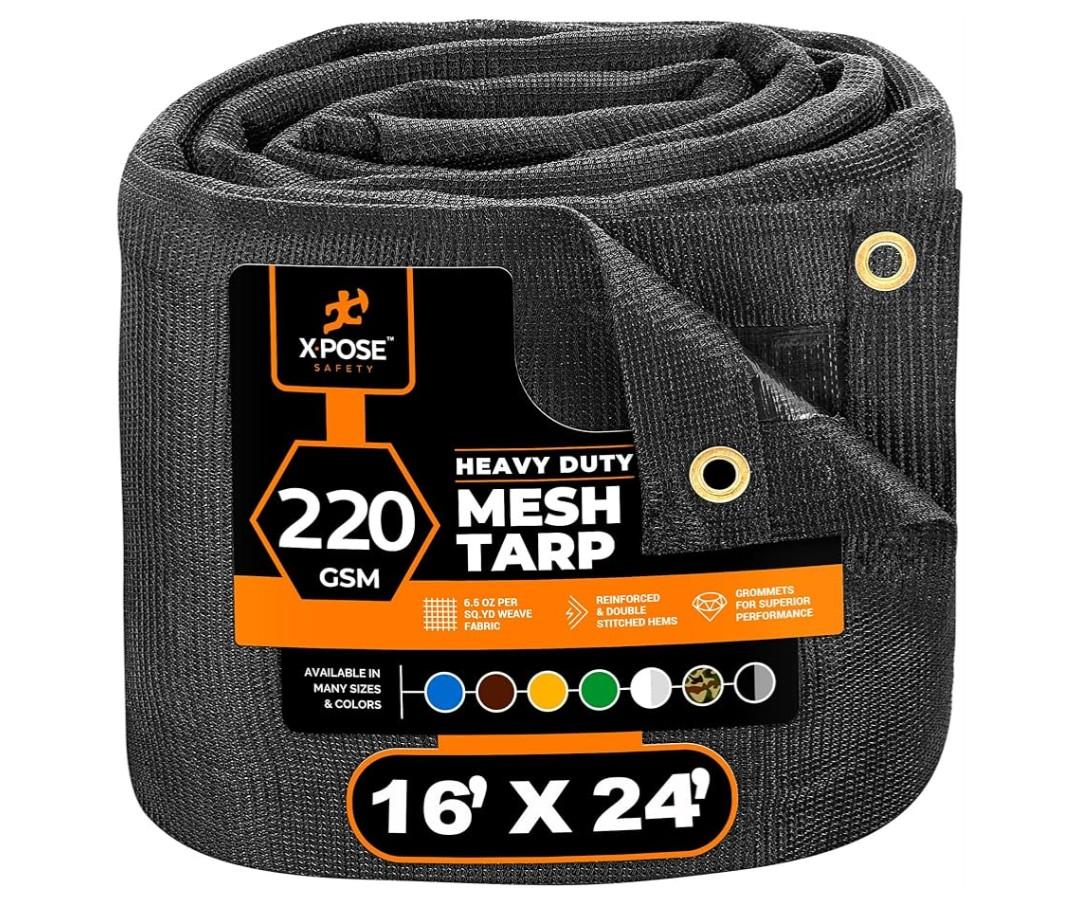 Xpose Safety Heavy Duty Mesh Tarp 16' x 24' – Multipurpose Black Protective Cover with Air Flow - Use for Tie Downs, Shade, Fences, Canopies, Dump Trucks – Weather and Tear Resistant