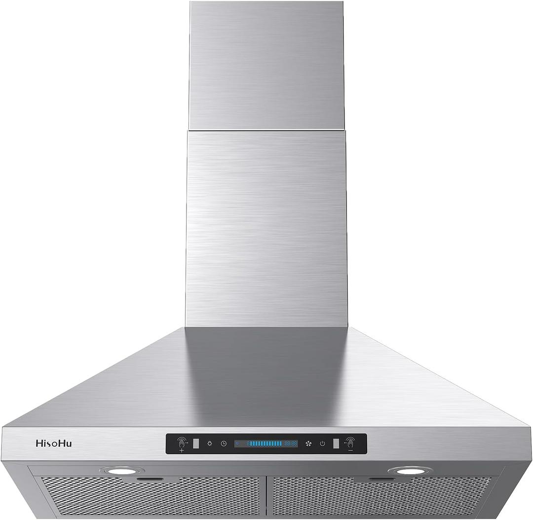 HisoHu 30" Wall Mount Range Hood, Ductless/Ducted Convertible, 1000 CFM Stainless Steel Kitchen Hood, with Upgraged Stainless Steel Mesh Filters, Gesture & Touch Control