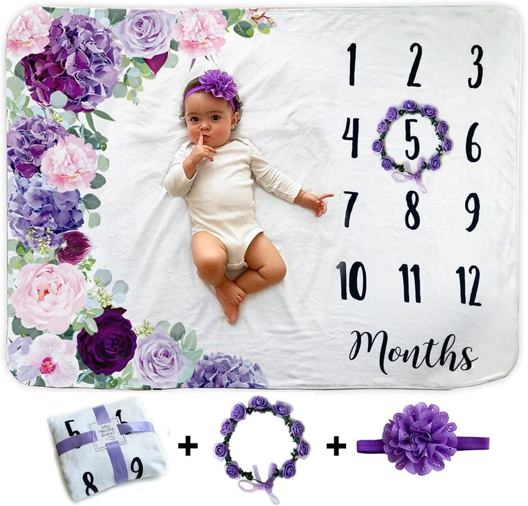 Baby Monthly Milestone Blanket | Includes Floral Wreath & Headband | 1 to 12 Months | Extra Soft Fleece | Best Photography Backdrop Photo Prop for Newborn | Baby Girl