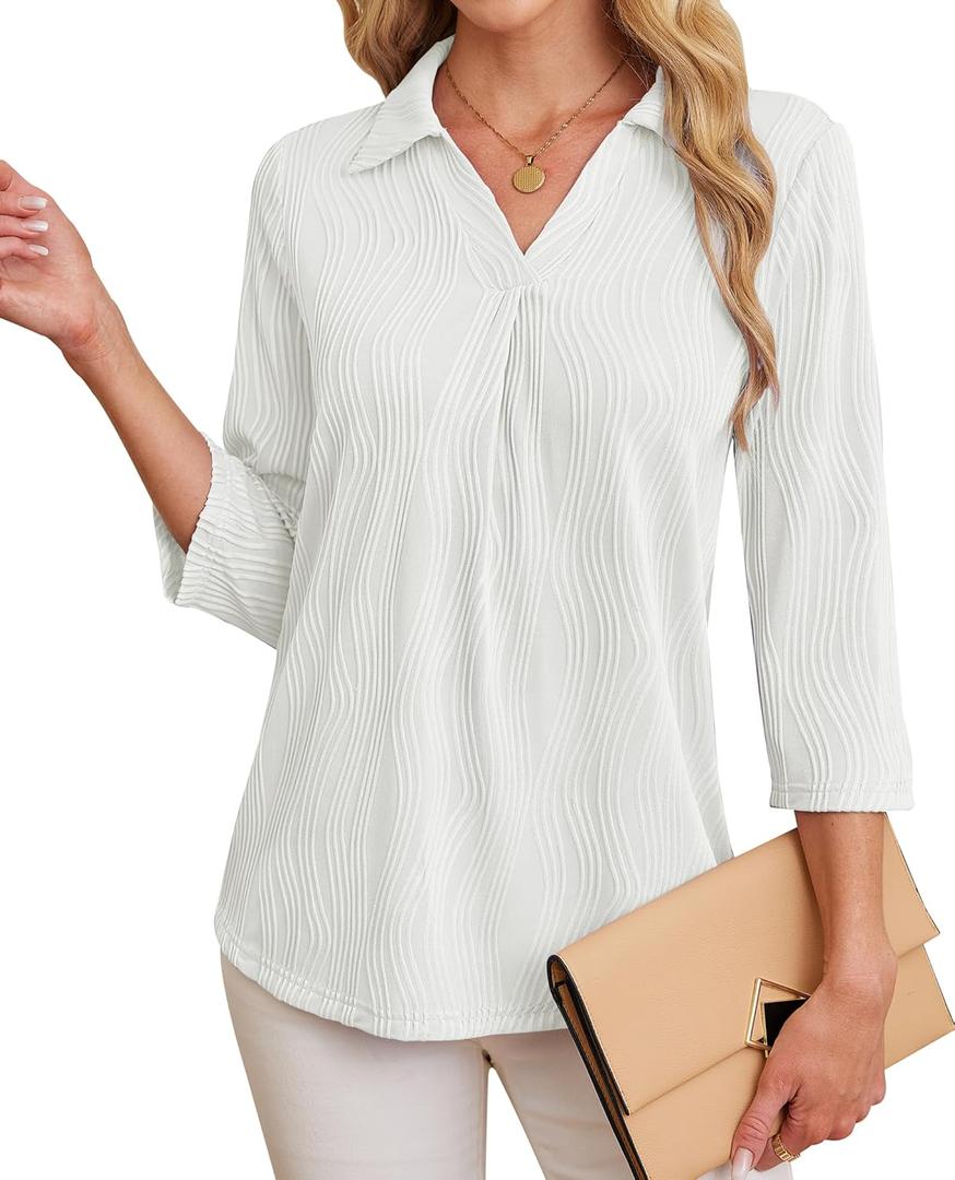Womens 3 4 Sleeve Blouse Long Sleeve Business Casual Tunic Tops V Neck Work Tops Textured Dressy Casual Shirts (White, L)