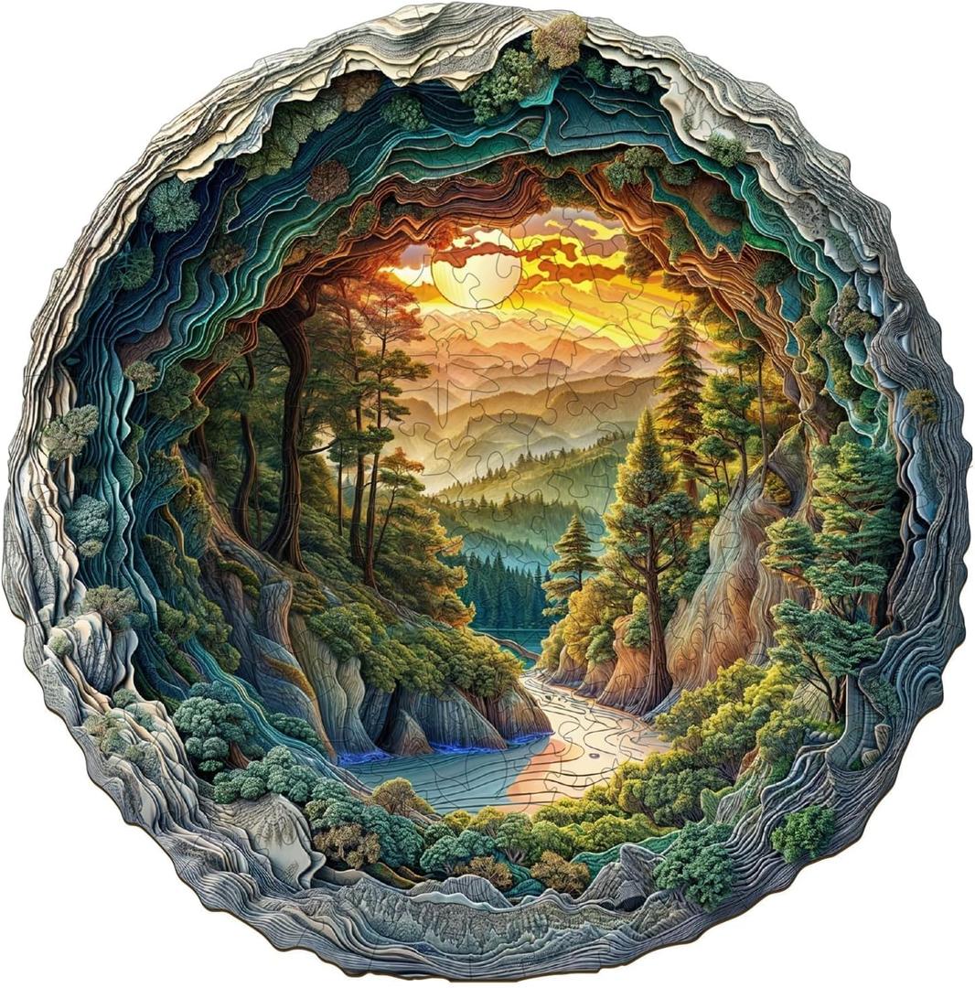 Wooden Puzzles for Adults, 3D Vision Effects Cave Forest Wooden Jigsaw Puzzles for Adults, Unique Shaped Wood Puzzle, Hill Sunset Forest Trail Landscape Puzzle, Home Decor (L-13.4 * 13.3in -300 pcs)