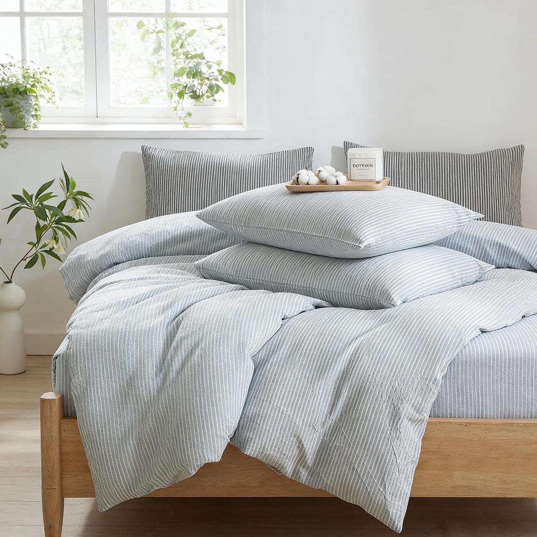 Striped Duvet Cover Set Queen Size 3 Pcs Breathable Durable 100% Washed Cotton Comforter Cover for All Seasons Chic Linen Like Textured Bedding Set (Light Blue White Pinstripes, Queen)