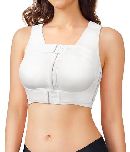 BRABIC Front Closure Post Surgical Compression Everyday Bra for Women Mastectomy with Removable Breast Support Band White, M