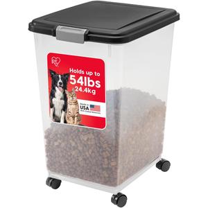 IRIS USA Airtight Dog Food Storage Container, Up to 54 lbs, Attachable Wheels, For Dog Cat Bird and Other Pet Food Storage Bin, Keep Fresh, Translucent Body, Easy Mobility, Black