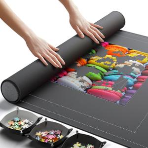 Newverest Jigsaw Puzzle Mat Roll Up, Saver Pad 55 x 35.5 Portable Keeper Up to 3000 Pieces with Non-Slip Rubber Bottom and Polyester Top + 3 Puzzle Sorting Trays, Travel-Friendly Storage Bag