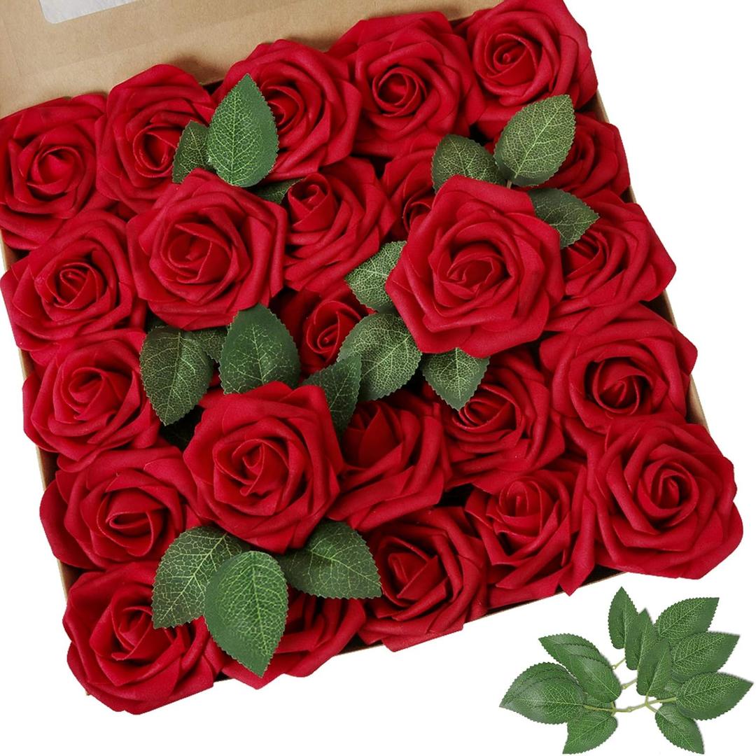 AmyHomie Artificial Flowers Dark Red Rose 25pcs Real Looking Fake Roses w/Stem for DIY Wedding Bouquets Centerpieces Arrangements Party Baby Shower Mothers Day Christmas Tree Decorations