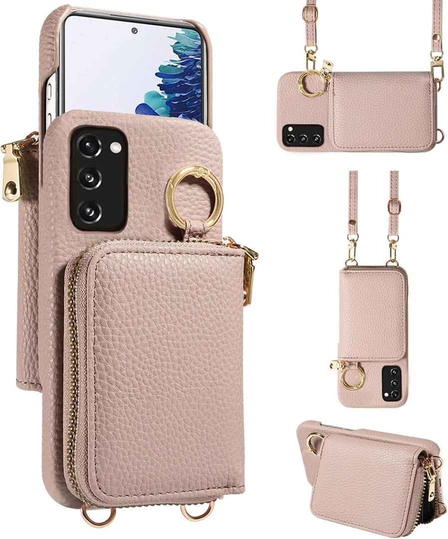Wallet Case for Samsung Galaxy S20 FE 5G 6.5 inch Shoulder Strap Ring Buckle, Zipper Flip Organ Purse, Card Holder Phone Cover for S 20 EF UW 2022 S20FE5G S20FE 20S S2O Fan Edition 4G G5 Khaki