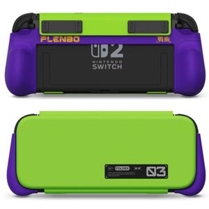 Plenbo FoldeX Grip Case with Detachable Flip Cover for Nintendo Switch 2, Dockable Ergonomic Handheld Protective Shell, 3-Mode Compatible Joy-Con 2 Controller Grip- Neon Purple & Green