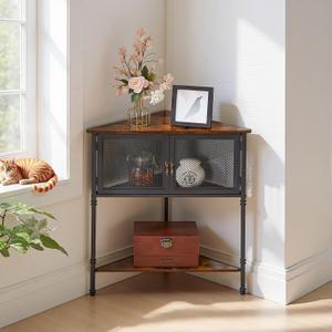 VECELO 3 Tier Corner Shelf,Corner Table with Mesh Door and Open-Shelf,Corner Cabinet Stand,Metal Frame Organizer Display Storage Shelves for Bedroom,Living Room,Kitchen,Bathroom