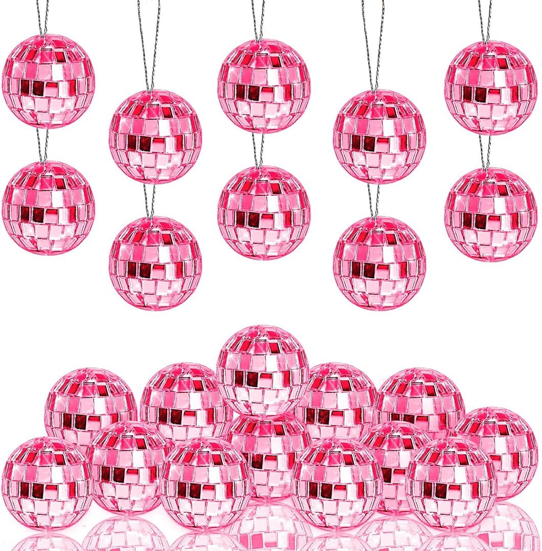 Newmemo Pink Disco Ball 24 Pcs Hanging Mirror Disco Balls Pink Mini Disco Balls Ornaments Reflective Mirror Ball Cake Decoration with Rope Christmas Tree Wedding Dance Music Festivals Decor