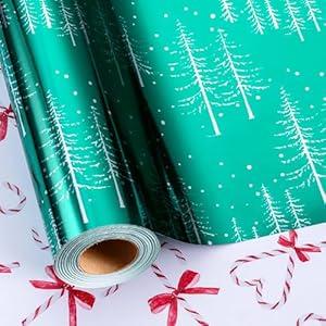 MAYPLUSS Green Christmas Wrapping Paper - 17 Inch X 33 Feet - Reversible Cute Bow Candy Cane Christmas Gift Wrapping Paper, Metallic Foil Thick Gift Wrap Paper for Holiday Party New Year Kids