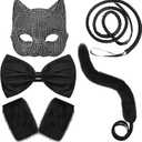 Newcotte 5 Pcs Halloween Cat Costume for Women Furry Mask Tail Bow Paw Gloves Whip Women Outfit for Fancy Dress Party (Black, Silver)