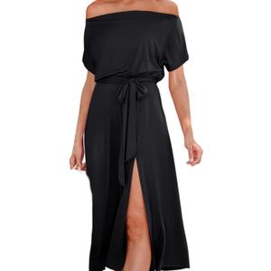 Women's Summer Dress - Spring Women Casual Dress Elegant Office Clothes Shoulder Short Sleeve Lace Split Sexy Bodycon Slim Long Fashion Party Dresses, Black, Large