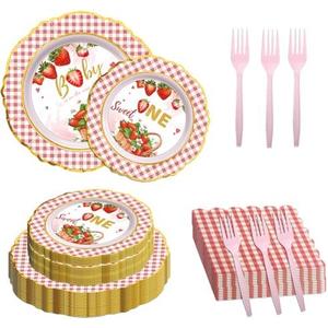 Yinbanban 96 Pcs Party Supplies of Paper Plates 9 Inch & 7 Inch, Paper Napkins, Disposable Plastic Forks, Strawberry Gingham Set for 24 Guests, Great for Easter, Birthday, Wedding, Garden Events